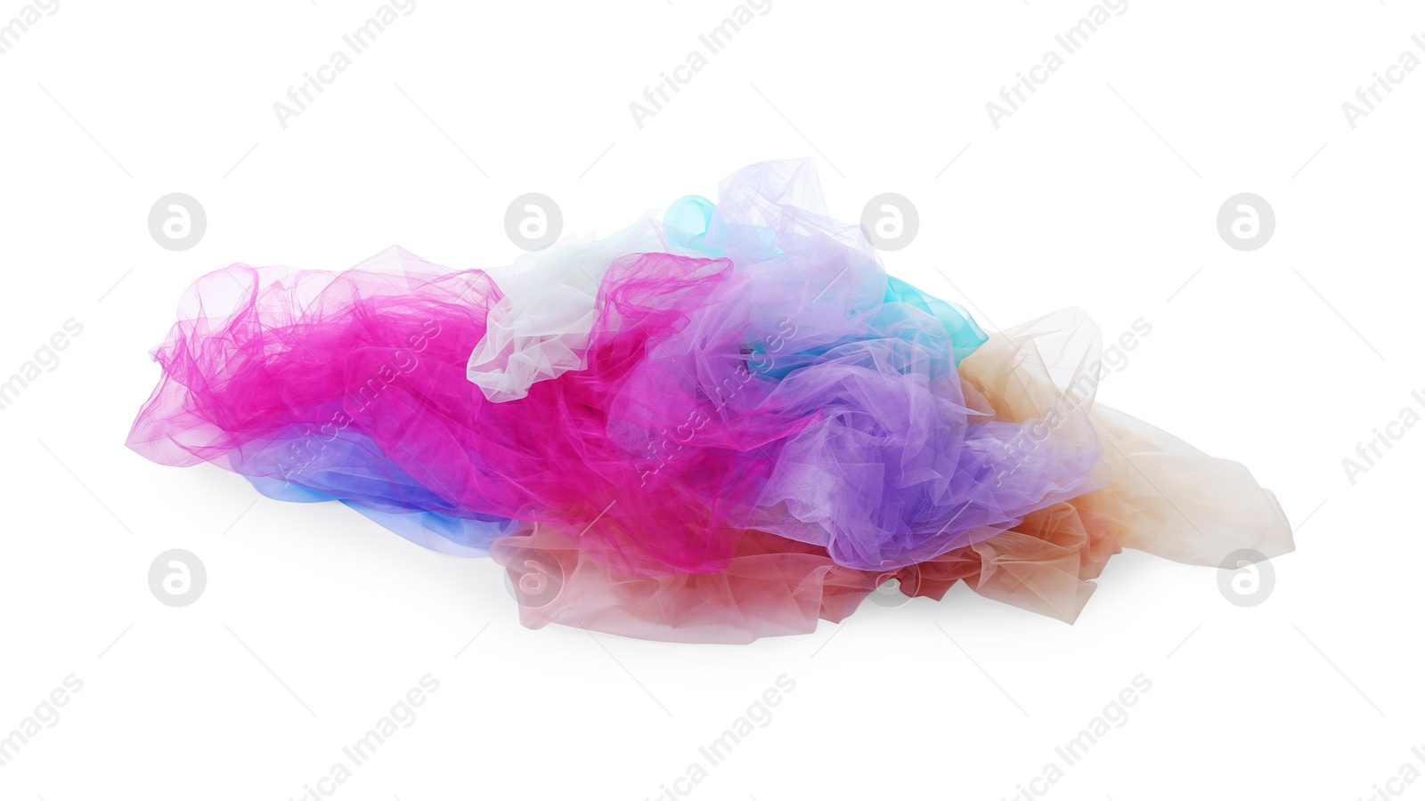 Photo of Beautiful colorful tulle fabrics on white background