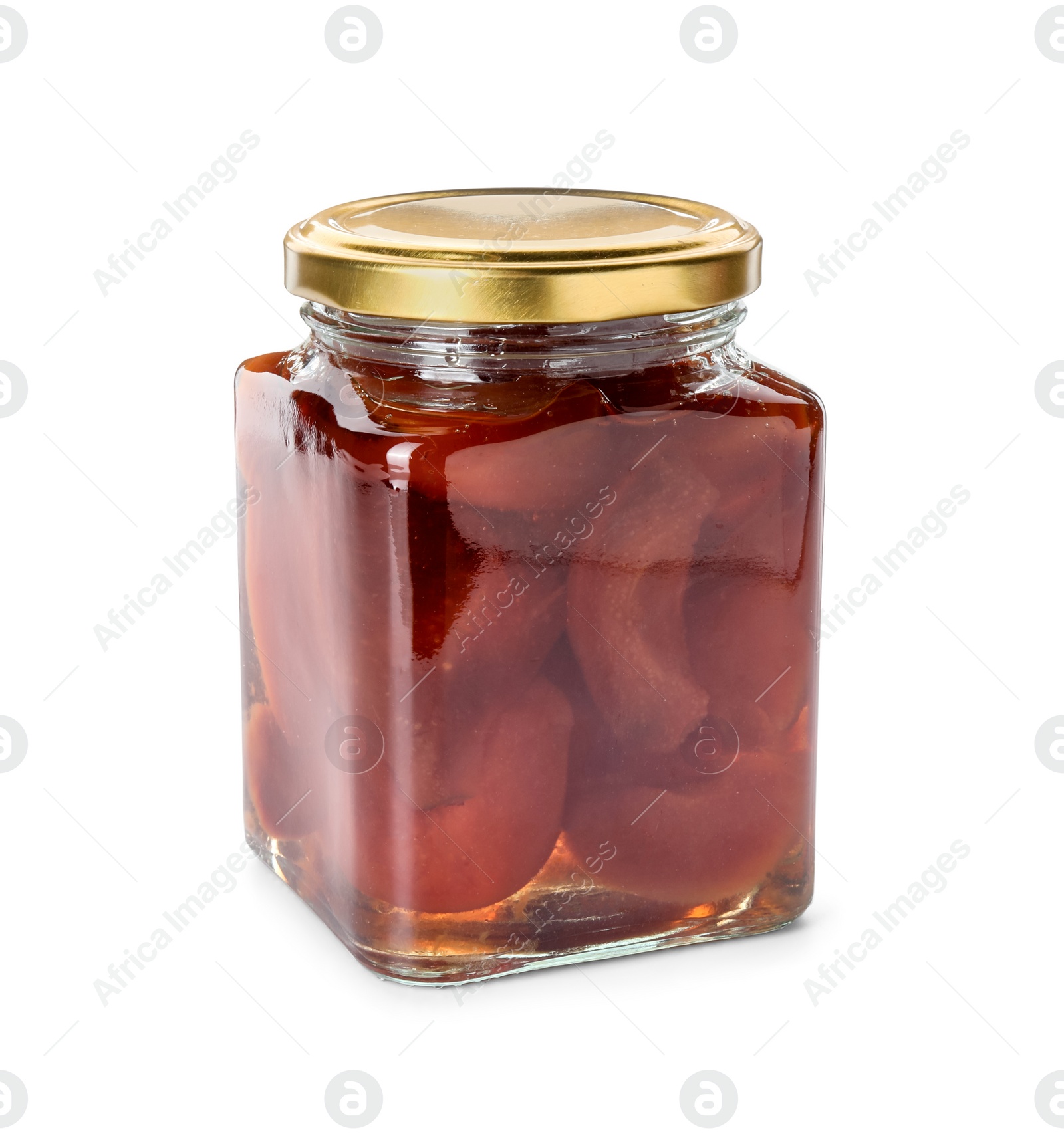 Photo of Tasty homemade quince jam in jar isolated on white