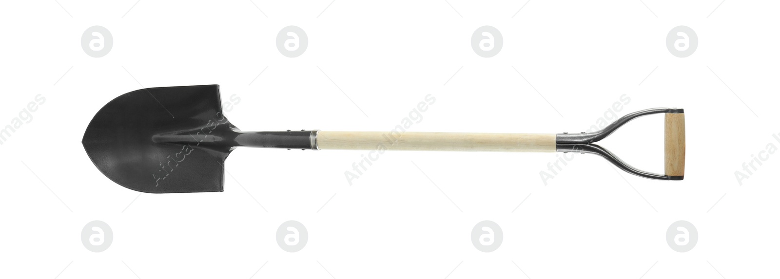 One new shovel with wooden handle isolated on white. Gardening tool Photo of One new shovel with wooden handle isolated on white. Gardening tool