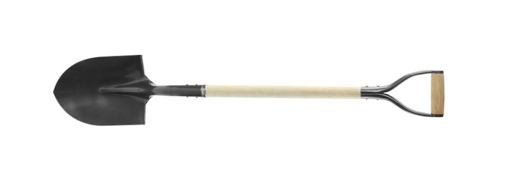 Photo of One new shovel with wooden handle isolated on white. Gardening tool