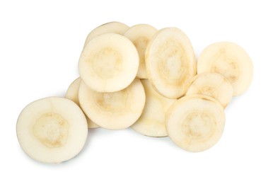 Photo of Tasty cut fresh ripe parsnip on white background, top view