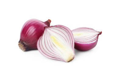 Photo of Fresh cut and whole red onion bulbs isolated on white