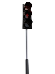 Image of Traffic light with with pedestrian signals and pole on white background, low angle view