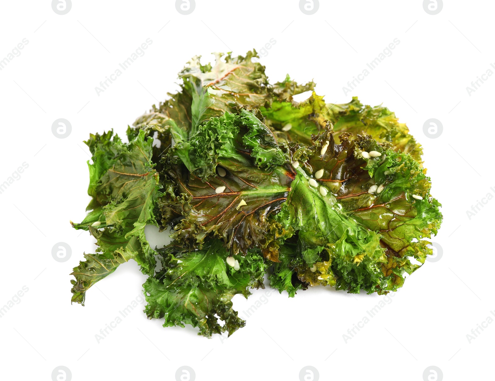 Photo of Tasty baked kale chips isolated on white