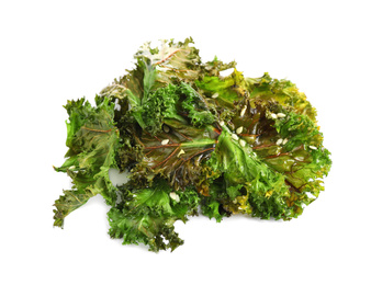 Tasty baked kale chips isolated on white