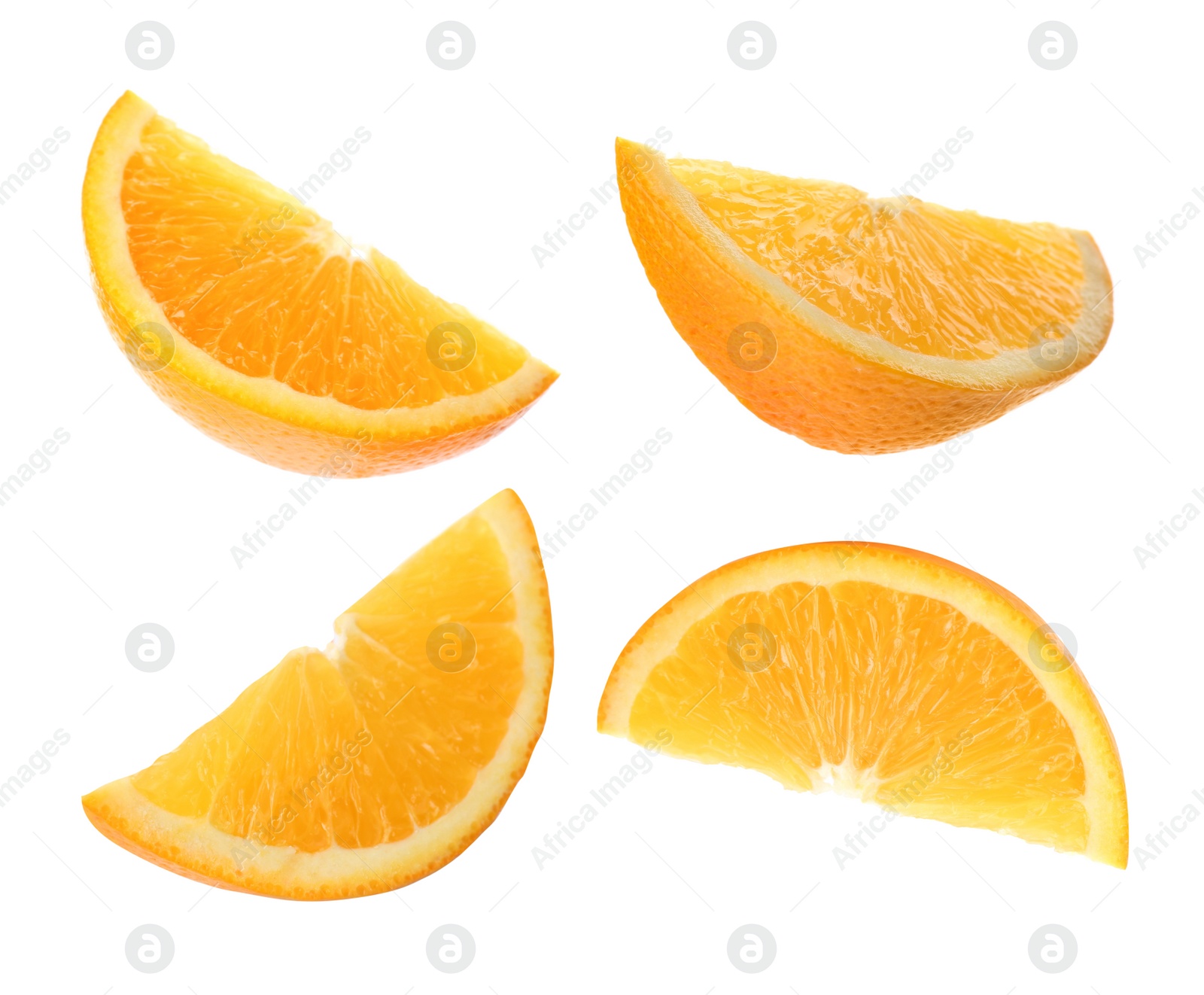 Image of Set with tasty ripe slices of orange on white background