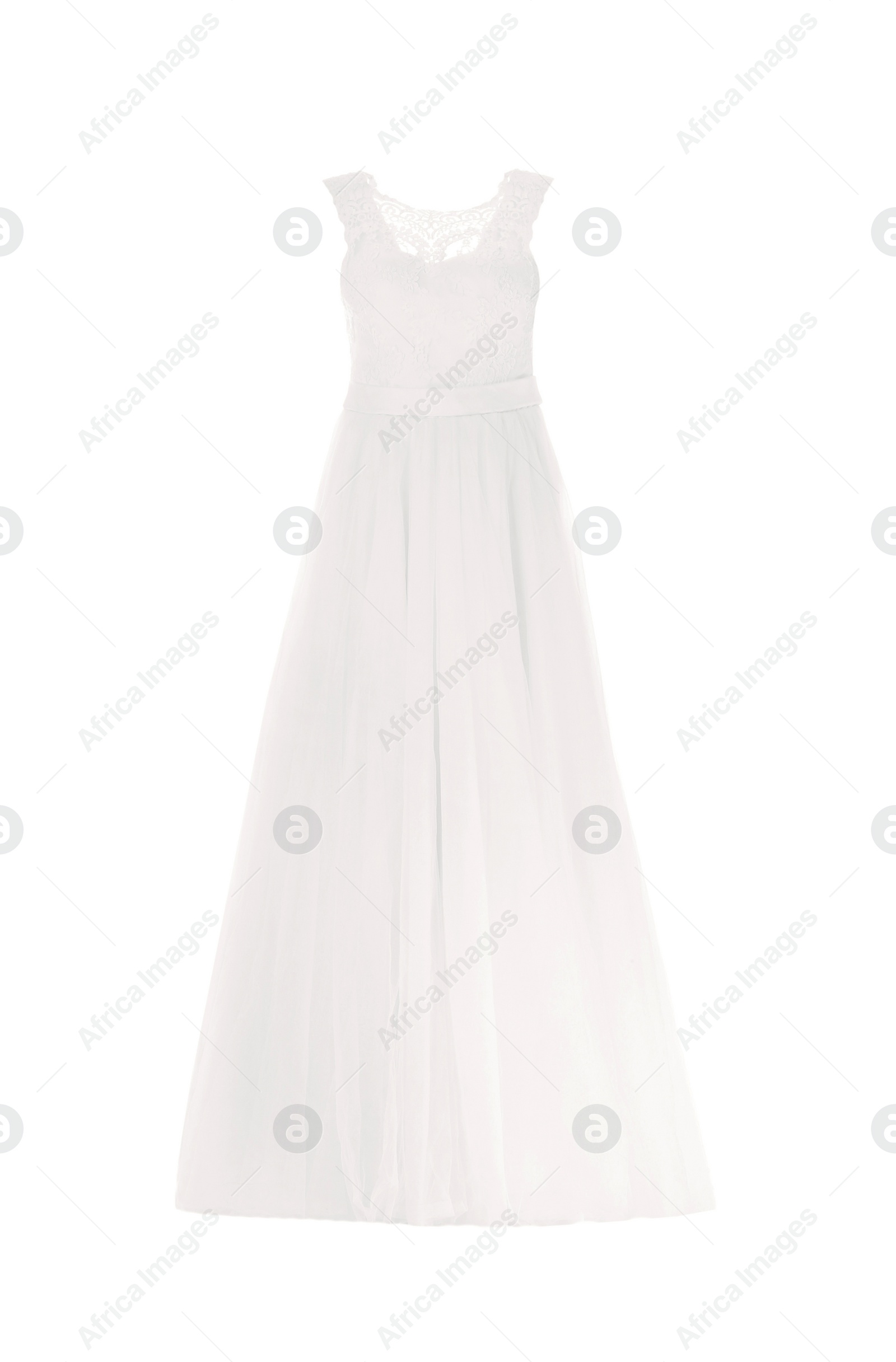 Photo of Elegant wedding dress on mannequin against white background. Custom made clothes