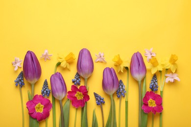 Photo of Beautiful different flowers on yellow background, flat lay. Space for text