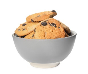 Photo of Delicious chocolate chip cookies in bowl isolated on white