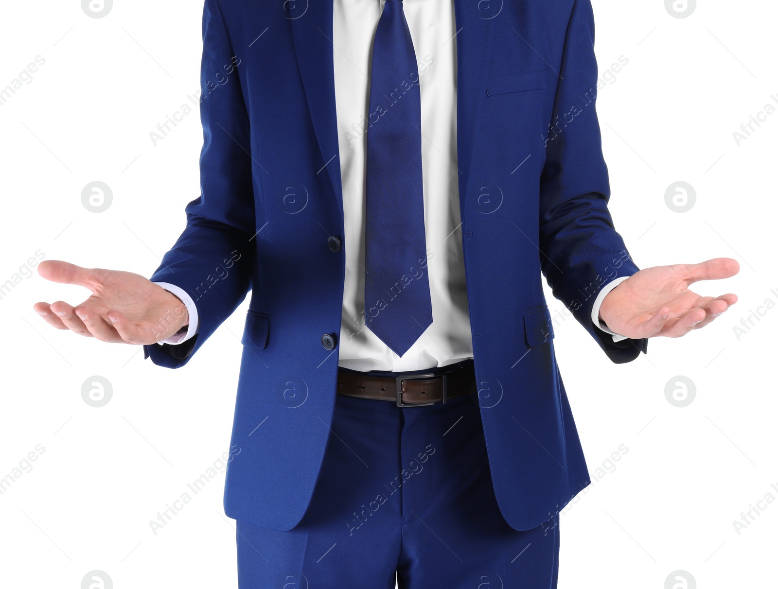 Photo of Businessman showing balance gesture on white background