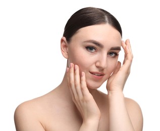 Photo of Makeup product. Woman with black eyeliner and beautiful eyebrows on white background