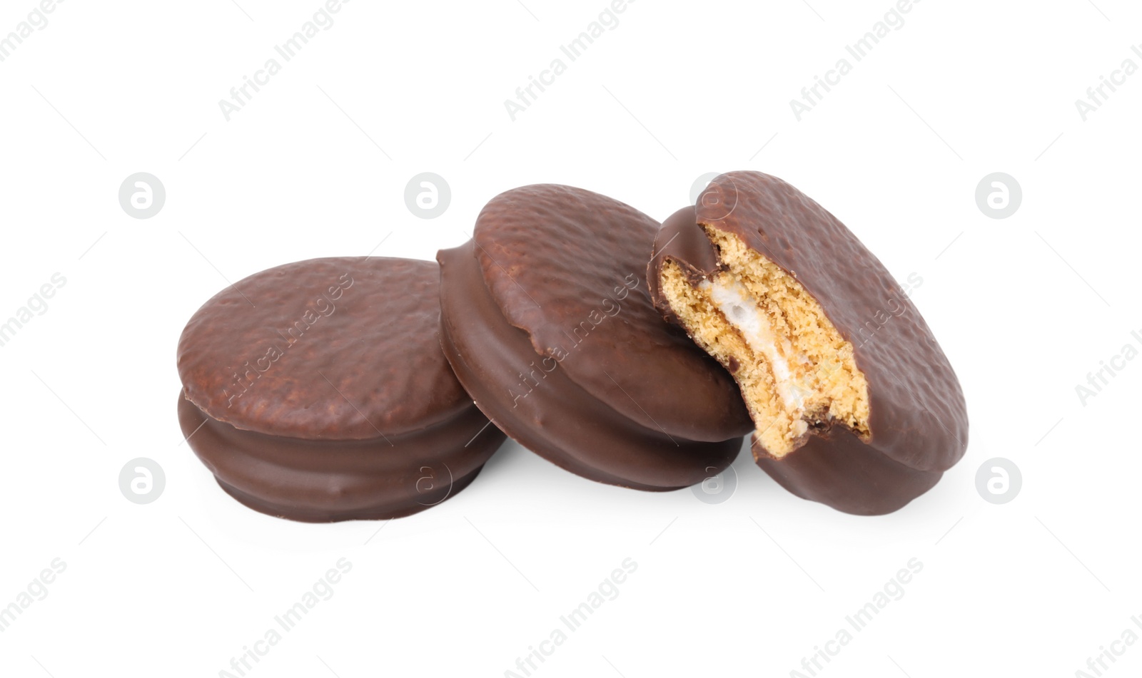 Photo of Three tasty choco pies isolated on white