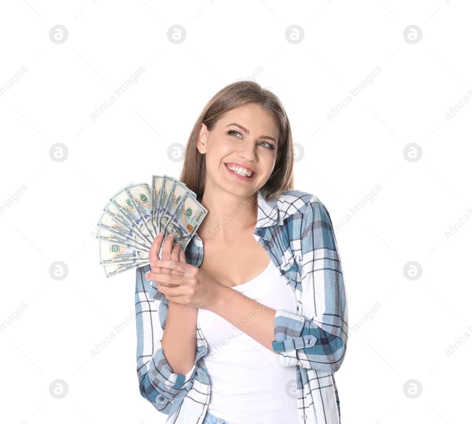 Photo of Portrait of happy young woman with money on white background