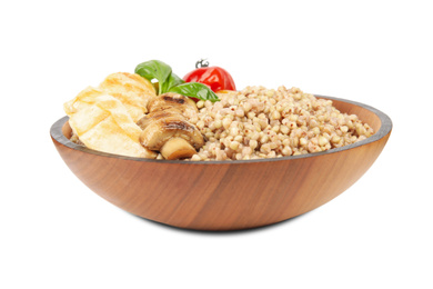 Photo of Tasty buckwheat porridge with meat and mushrooms isolated on white