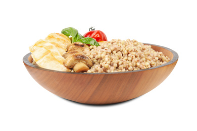 Tasty buckwheat porridge with meat and mushrooms isolated on white