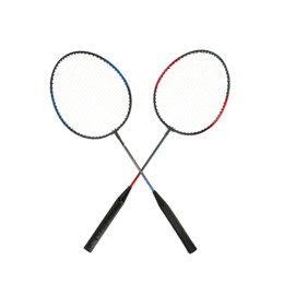 Image of Two badminton rackets on white background. Sports equipment