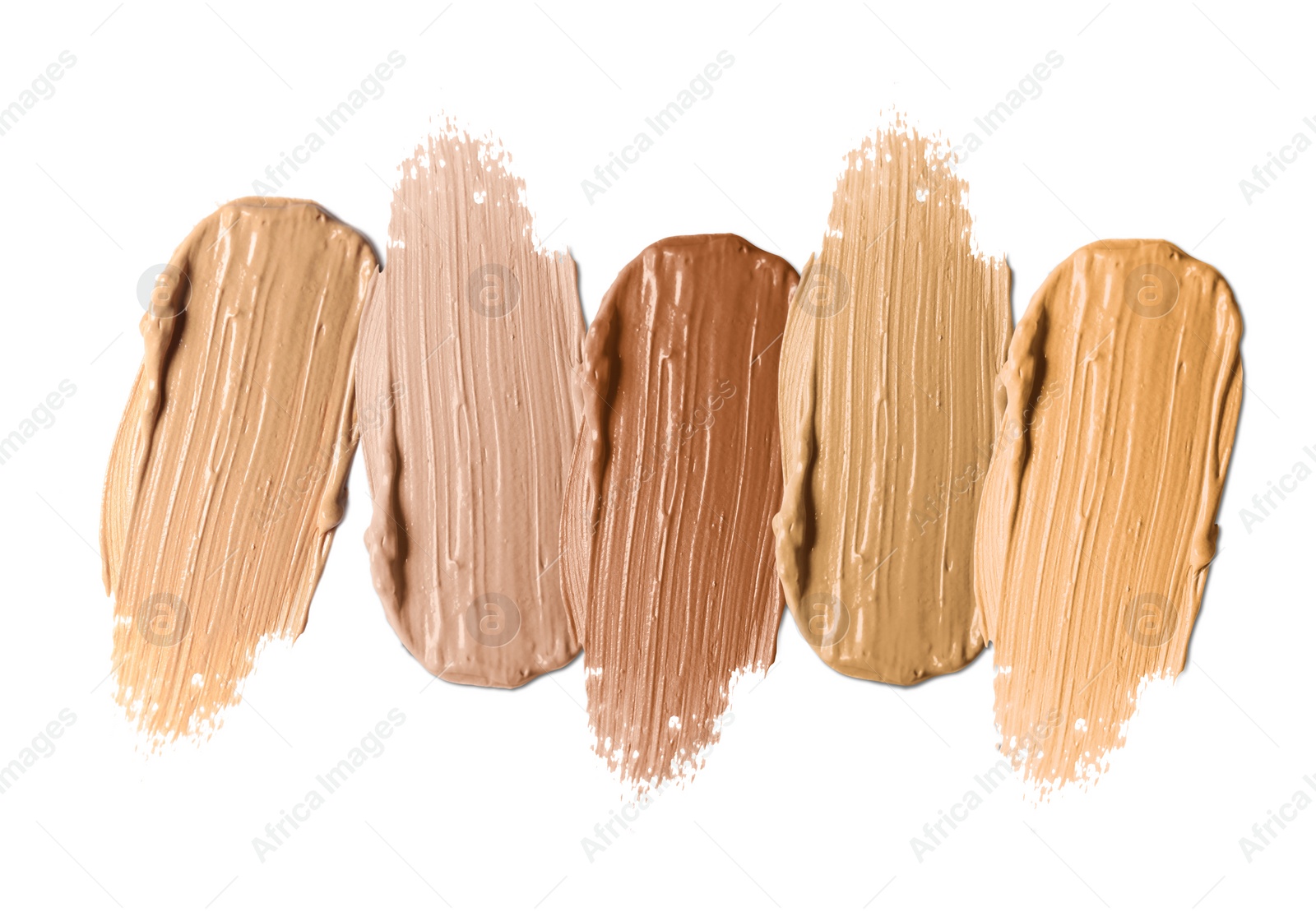 Image of Foundation of various shades for different skin tones isolated on white, top view. Set of samples