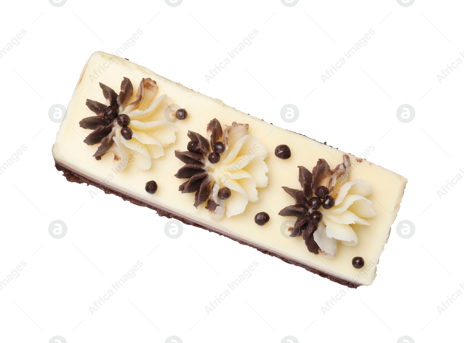Photo of Tasty mousse cake isolated on white, top view