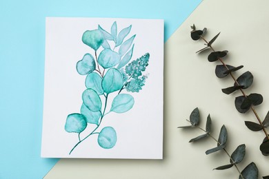 Beautiful drawing of plants near eucalyptus branches on color background, flat lay