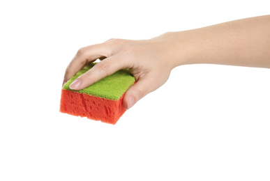 Photo of Woman with sponge on white background, closeup of hand