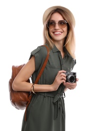 Photo of Happy woman with backpack and camera on white background. Summer travel