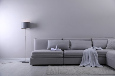 Photo of Large grey sofa in living room. Interior design