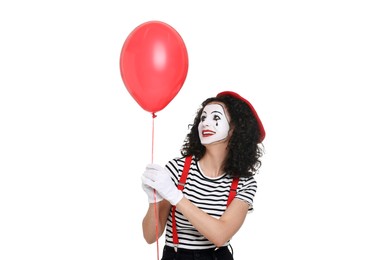 Funny mine with balloon posing on white background