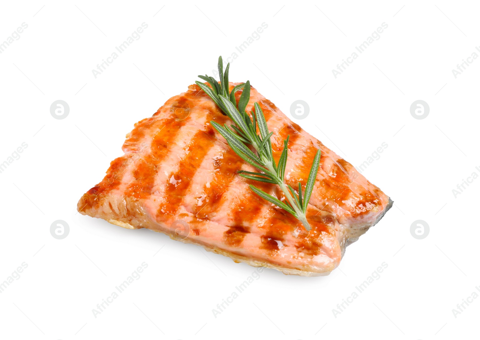 Photo of Tasty grilled salmon with rosemary on white background