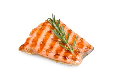 Photo of Tasty grilled salmon with rosemary on white background