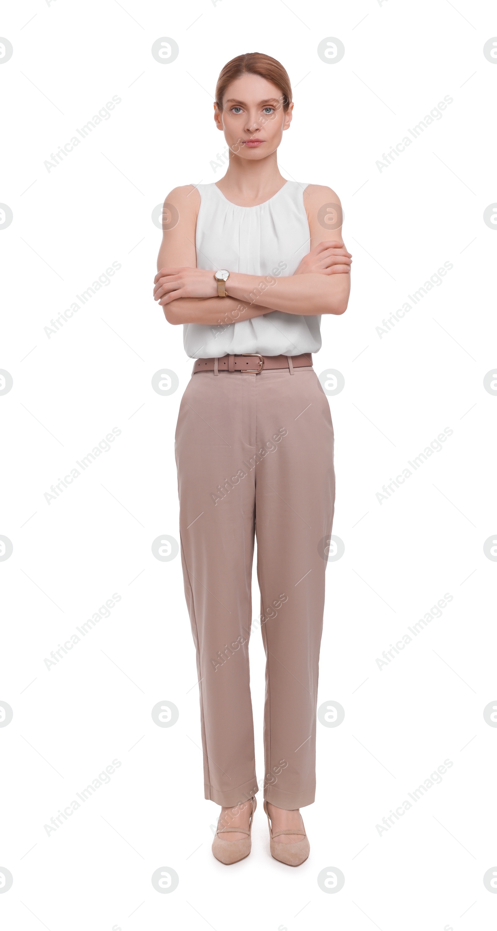 Photo of Beautiful businesswoman crossing arms on white background