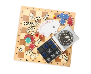 Photo of Elements of different board games on white background, top view