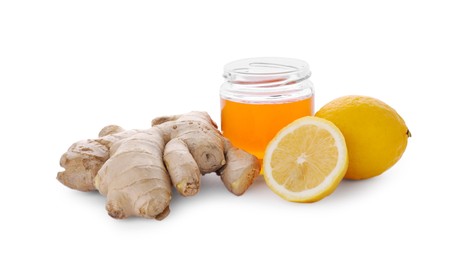 Photo of Honey, lemon and ginger for cough treatment. Cold remedies on white background