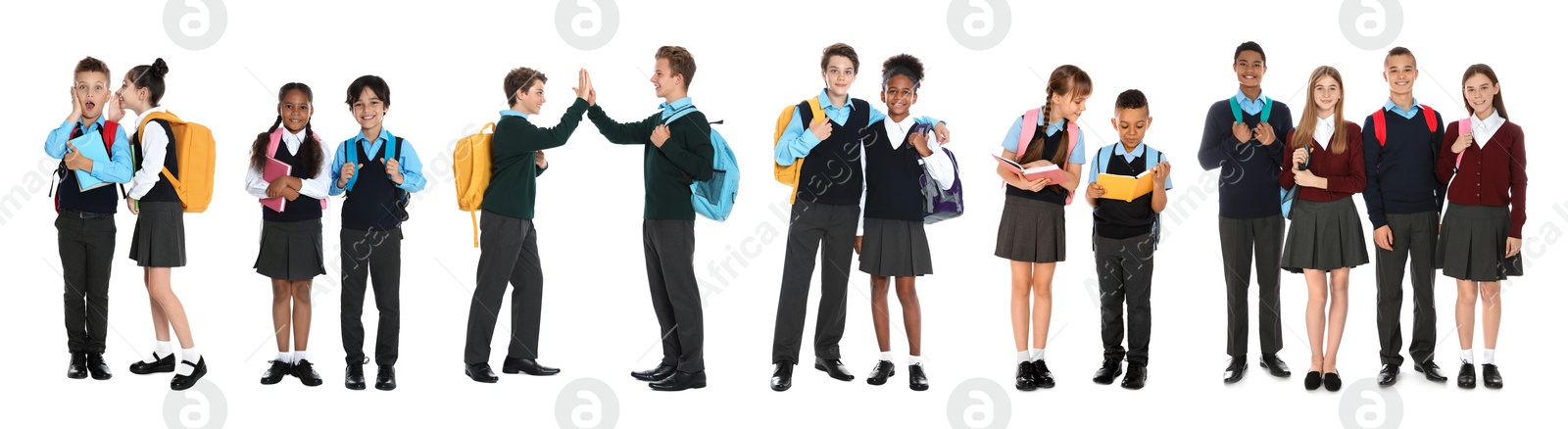 Image of Children in school uniforms on white background. Banner design