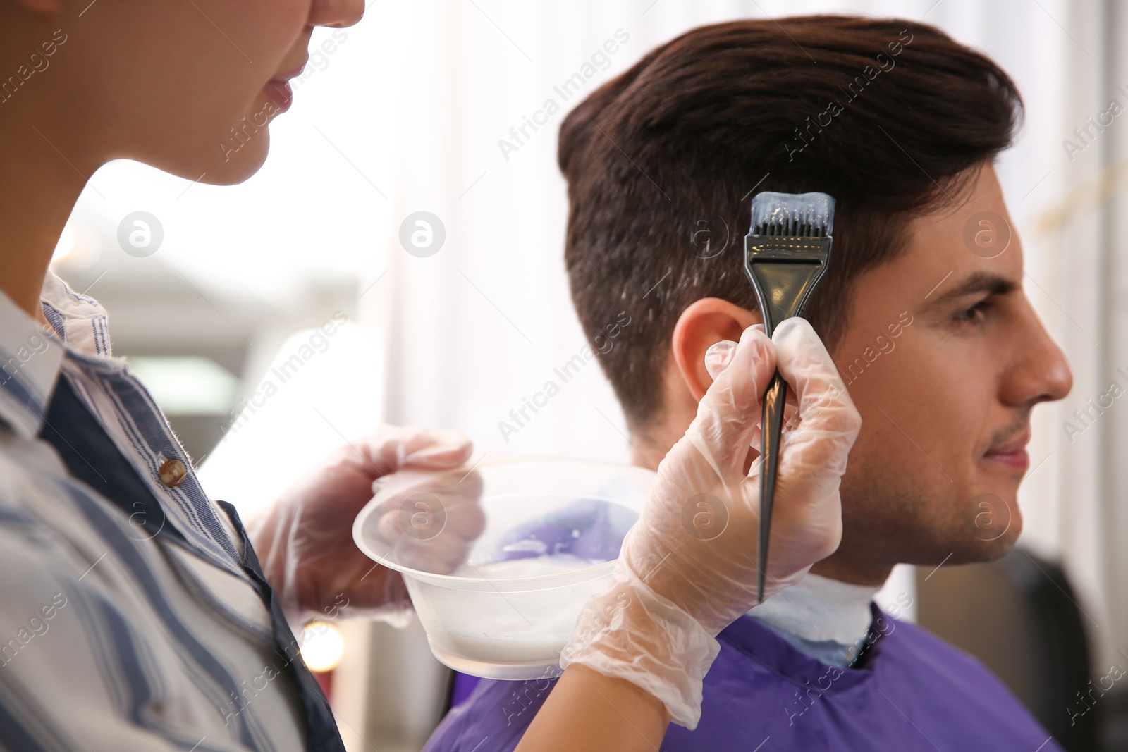 Photo of Professional hairdresser dying hair in beauty salon, closeup