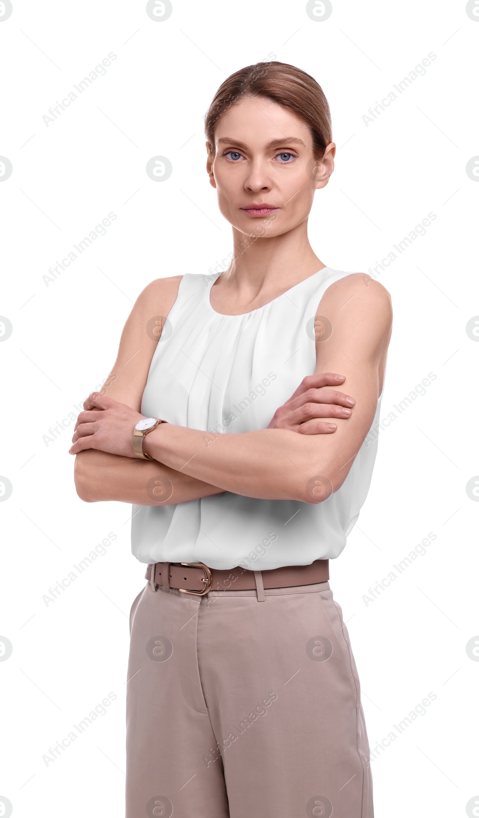 Photo of Beautiful businesswoman crossing arms on white background