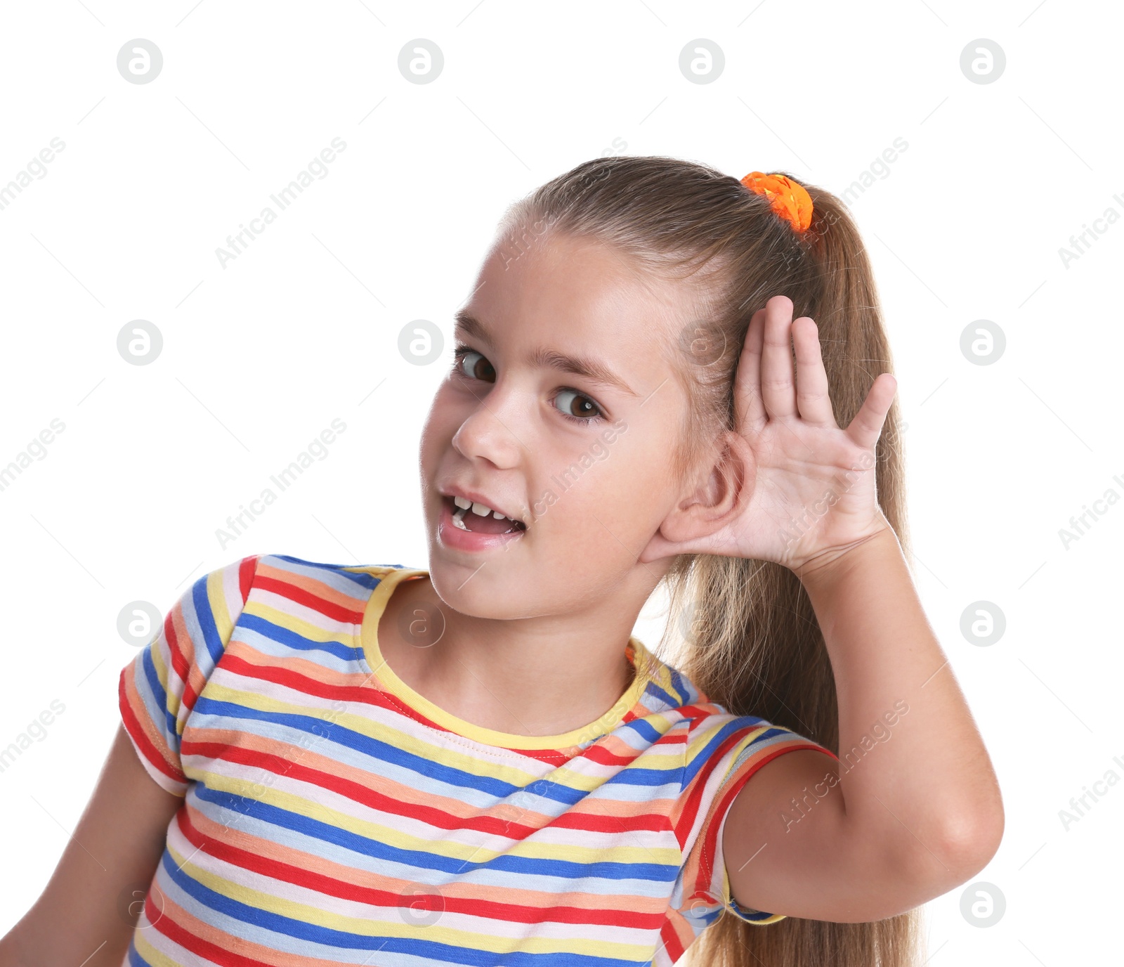 Photo of Cute little girl with hearing problem on white background