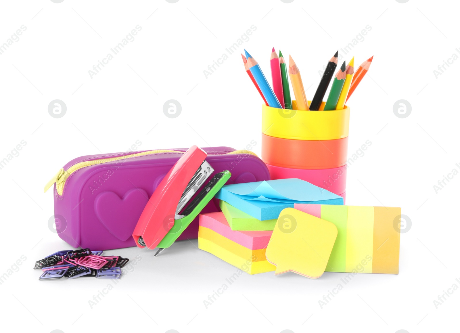 Photo of Set of colorful school stationery on white background