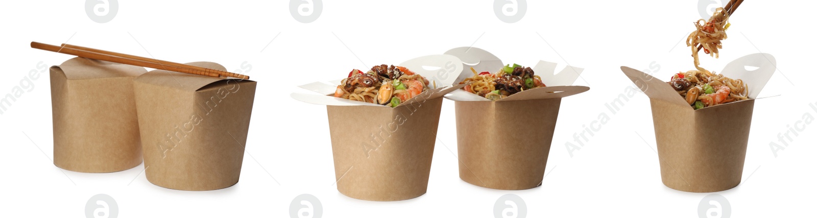 Image of Set with boxes of tasty wok noodles on white background. Banner design