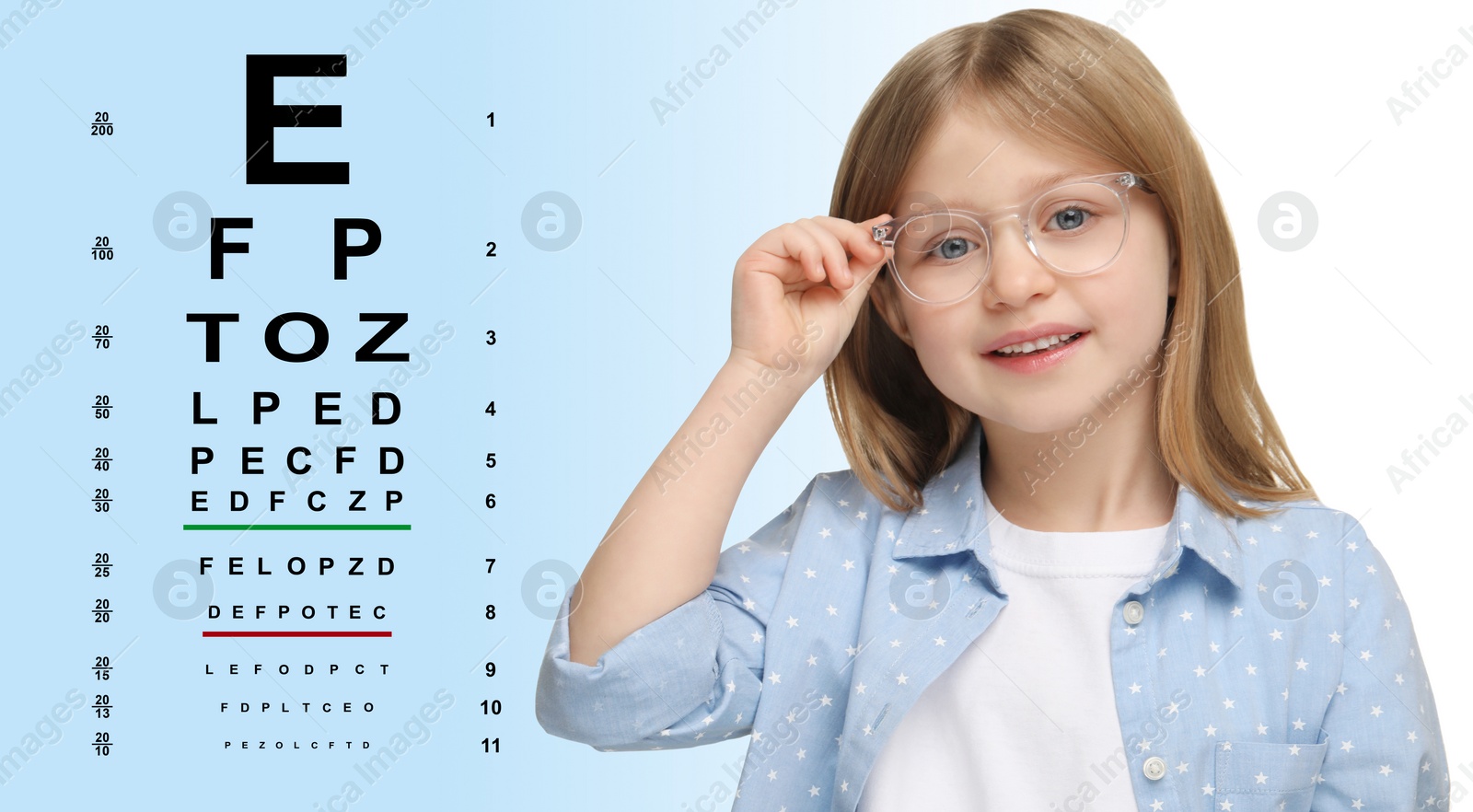 Image of Vision test. Little girl in glasses and eye chart on gradient background. Banner design