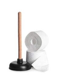 Photo of Plunger with wooden handle and rolls of toilet paper on white background