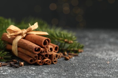 Different spices. Aromatic cinnamon sticks and clove seeds on dark gray textured table, closeup. Space for text