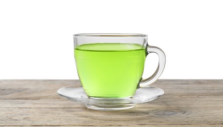 Photo of Refreshing green tea in cup on wooden table against white background