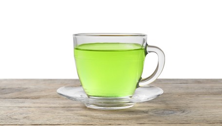 Refreshing green tea in cup on wooden table against white background