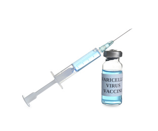 Photo of Chickenpox vaccine and syringe on white background. Varicella virus prevention