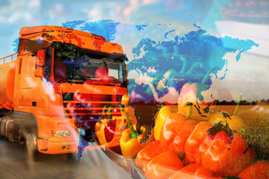 Multiple exposure of truck, fresh vegetables and world map. Wholesale concept