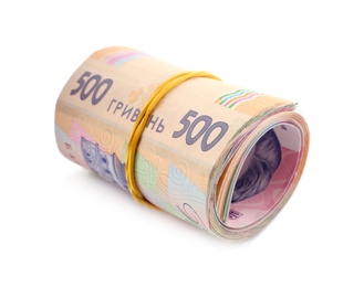 Roll of Ukrainian money on white background