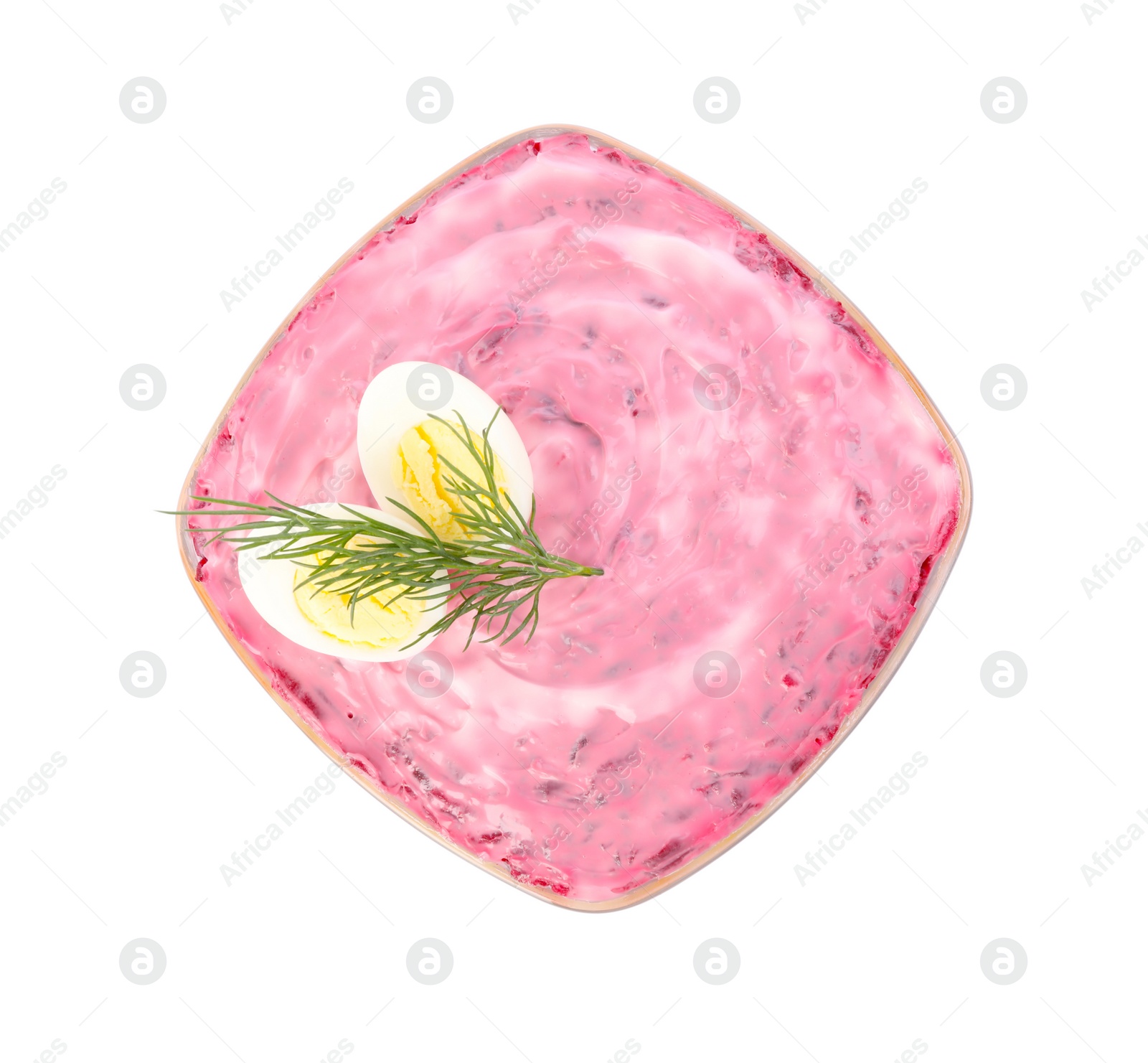 Photo of Herring under fur coat isolated on white, top view. Traditional Russian salad
