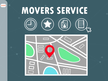 Image of Movers service. Illustration of map and location symbol on color background 