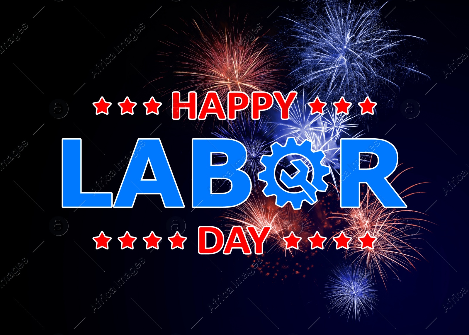 Illustration of Happy Labor Day. Beautiful bright fireworks lighting up night sky