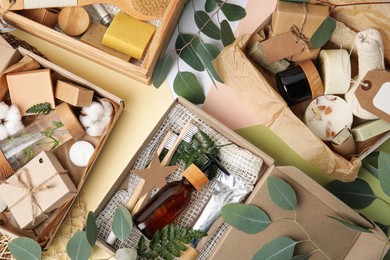 Flat lay composition with eco friendly personal care products on color background